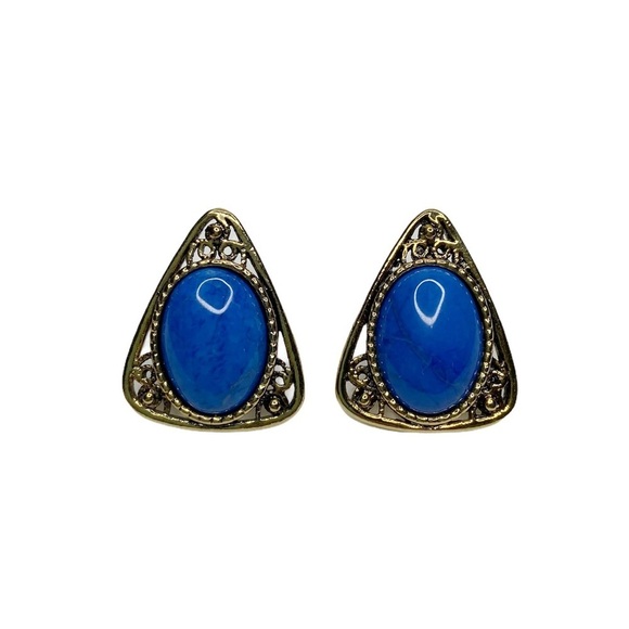 Faux Stone Antiqued Gold Triangle Pierced Earrings - Picture 1 of 6